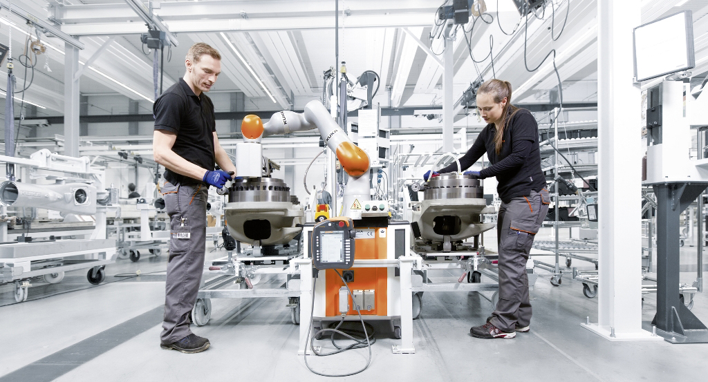 LBR iisy pronounced easy co-robot and mechatronics in KUKA booth at Hannover Messe 2018