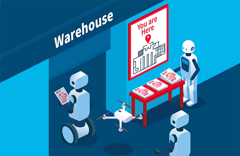 SlamCore cartoon of robots looking at a map before entering a warehouse