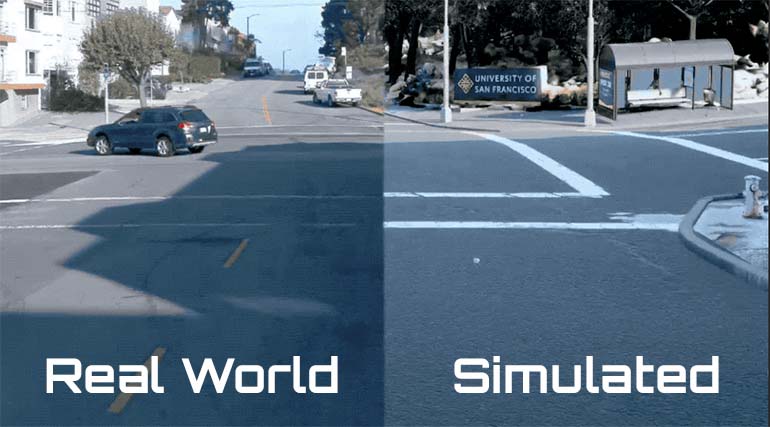 A split screen image showing the real world versus a simulation of the same scene in SimuilationWorld
