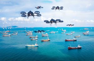 drones flying high over the ocean with merchant ships on the water below