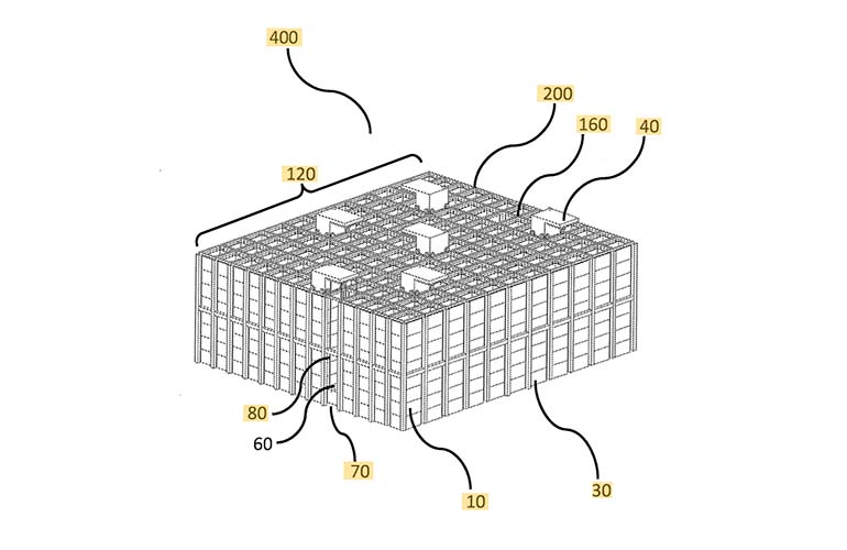 ocado patent claim figure 1 of a grid array of storage containers