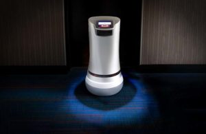 Savioke Relay+ robot in a hotel hallway