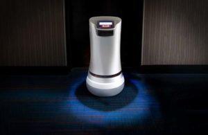 Savioke Relay+ robot in a hotel hallway
