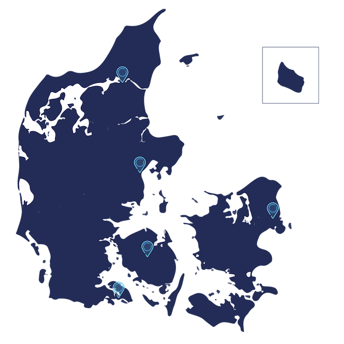 A map of Denmark showing the five regions