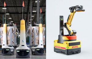 two dhl labeled robot a locusbot and a boston dynamics stretch