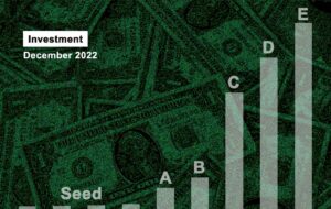 A bar graph labeled "seed", "A", "B", "C", "D" and "E" that says investment December 2022 over a money background.