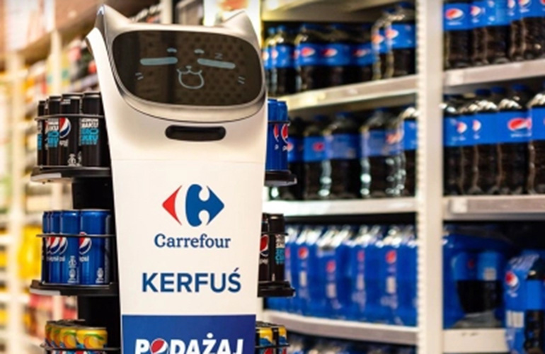 A serving robot with a cat-like face with pepsi on its shelves. 