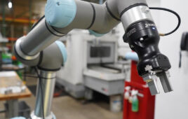 A Universal Robots collaborative robot arm with a robotiq gripper.