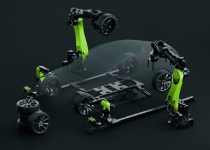 An illustration of four robotic arms changing the tires on a car.
