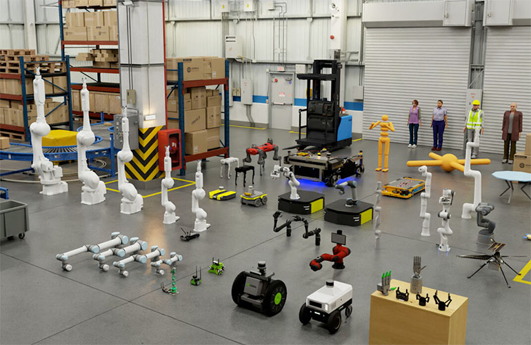 scene filled with simulated robots.