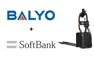 balyo softbank logos and a forklift.