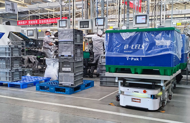 ForwardX pallet moving robots in Dong Feng Motor Co factory. 