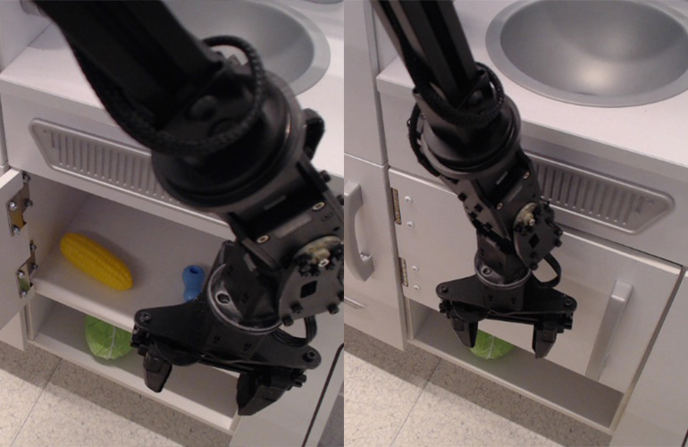 dataset image of a robot closing a cabinet door.