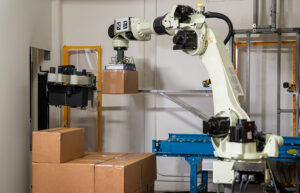 Robotic Print and Apply Palletizer applies Dexterity AI to case labeling