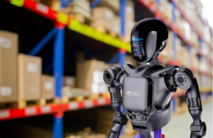 gr-1 humanoid robot in the foreground of an out of focus ai-generated warehouse background.