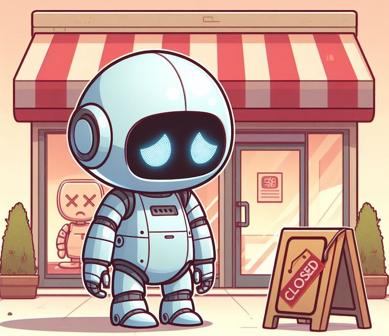 a robot with a sad facing leaving a business that closed down.