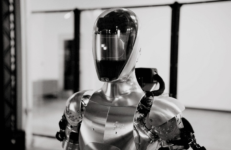 closeup image of the Figure 01 humanoid robot.