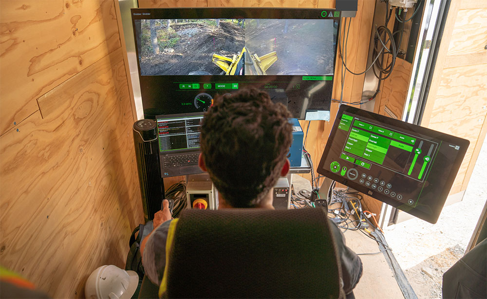The view of teleoperating a skidder. 