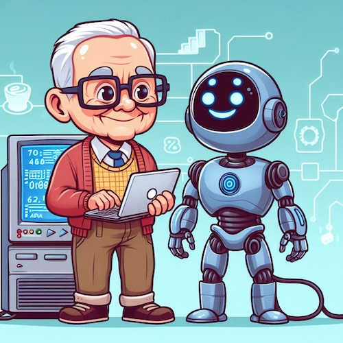 a cartoon of a computer scientist standing next to a humanoid robot