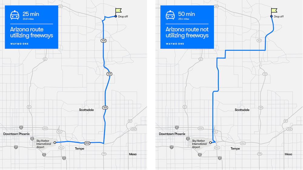 A map comparing Waymo's autonomous driving routes.