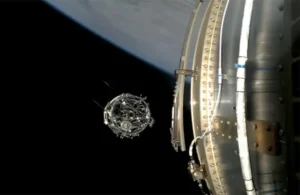 This is a screen grab from a NASA broadcast showing a Northrop Grumman Cygnus cargo spacecraft on its way to the International Space Station (Jan. 30, 2024) with the spaceMIRA from Virtual Incision onboard.