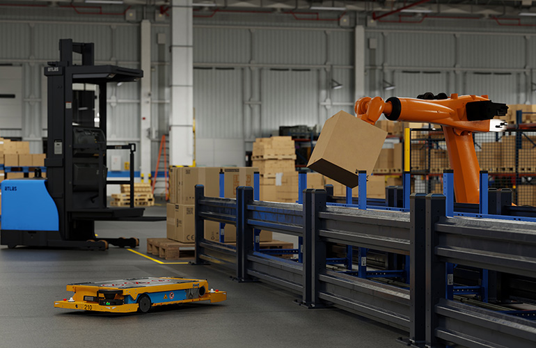 robots working together in a warehouse.