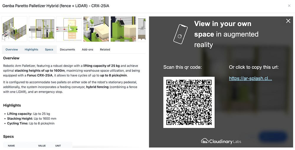 a screenshot of Reshape Automation's augmented reality tool that let's customers view what a robotics workcell will look like in their environment.