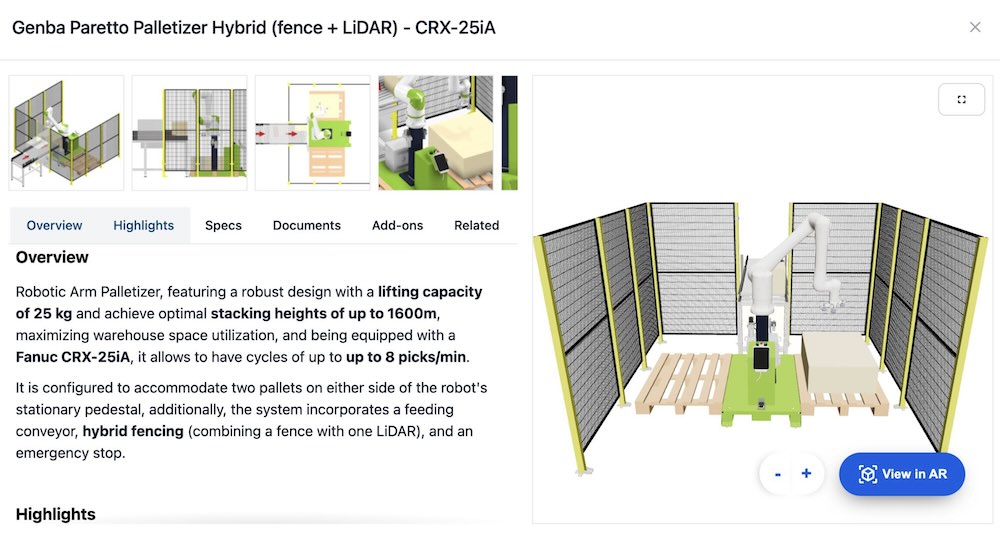 a screenshot of a pre-configured palletizing workcell available for purchase from Reshape Automation's online marketplace.