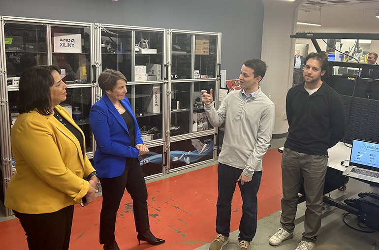 Massachusetts Gov. Healey with rStream CEO Ian Goodine and CTO Ethan Walko, co-founders of Accelerator startup rStream.