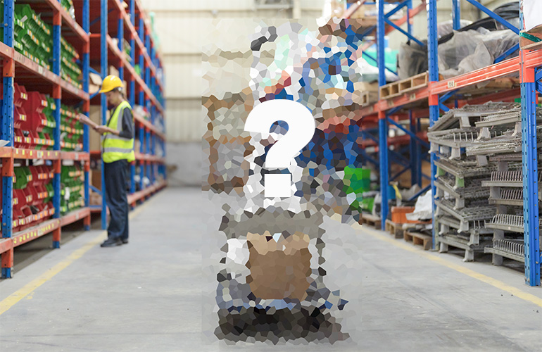 pixelated, unrecognizable image of a mobile robot pushing a cart in a warehouse.