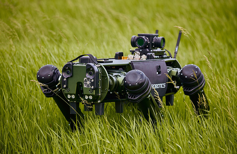 image of a ghost robotics quadruped in tall grass.