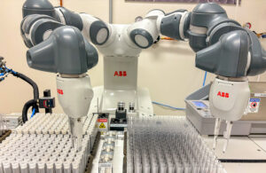 ABB's dual-armed YuMi cobot preparing to transfer fruit flies to new vials with fresh food at Texas Children's Hospital.