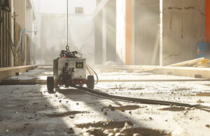 An AI generated image of a robot rolling through a construction site similar to those in use for electrician work Denmark.