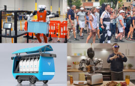 Images showing four of our top stories of July 2024, an Agility Digit robot carrying a tote, a person holding the Olympic torch wearing an exoskeleton, an autonomous delivery vehicle, and a humanoid robot learning a new task.