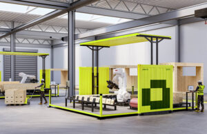 An image of an AUAR robotic micro-factories, which ship in neon green containers, opening to show a white ABB robotic arm and other construction equipment.