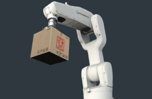 A white PickoBot collaborative robotic arm picking up a box against a blue background.