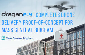 A drone lowering a first aid kit in front of a hospital. Text on the image says "Draganfly completes drone delivery proof-of-concept for Mass General Brigham.