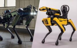 On the left, Ghost Robotics' Vision 60 quadruped. On the right, Boston Dynamics' Spot quadruped.