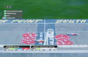 two racecars finish the latest IAC race, at the Las Vegas Motor Speedway.