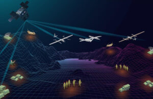 An illustration showing a satellite connected to a variety of military vehicles with thin blue lines. Redwire is acquiring Edge Autonomy.