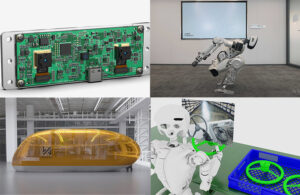 Images representing four of the top ten stories on The Robot Report in January 2025, including the Intel RealSense D421 Depth Module, LimX Dynamics' humanoid doing a squat, Watch Out's workcell in a container, and an Image from NVIDIA's Cosmos platform.
