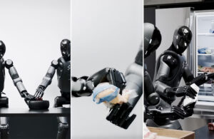 a tryptic image of three different handoffs between the FIgure 02 robots in the demo video.