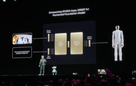 Jensen Huang onstage with Disney BDX robot announcing GR00t N1 model.