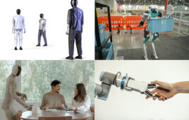 Four images representing the top stories of February, they include three HMND01 humanoids, Agility Robotics' Digit holding a tote, a 1X humanoid serving breakfast to a couple, and a robotic arm shaking hands with a human hand.
