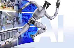 Dobot's humanoid robot Atom in a running position.