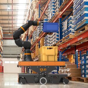 an igus mobile robot picking a tote of a shelf inside a warehouse.