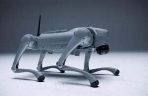 A robot dog in a kneeling position.