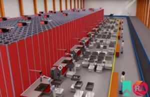 An image of a simulation showing a potential workflow possible with the partnership between Rockwell Automation and RightHand Robotics.