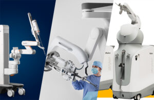 From left to right: Medtronic's Hugo surgical robot, Intuitive's da Vinci surgical robot, and Stryker's latest Mako surgical robot.