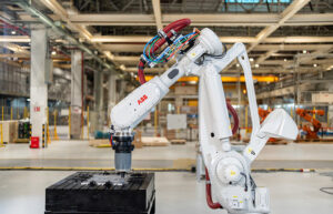An ABB IRB 7720 robot demonstrates friction stir welding.